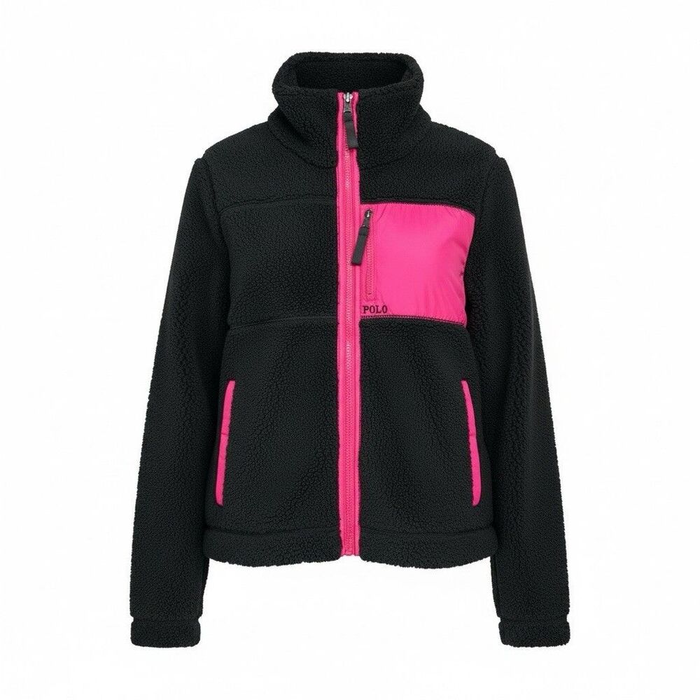 Polo Ralph Lauren NWT‎ Teddie Fleece Full Zip Jacket Black & Pink Size L